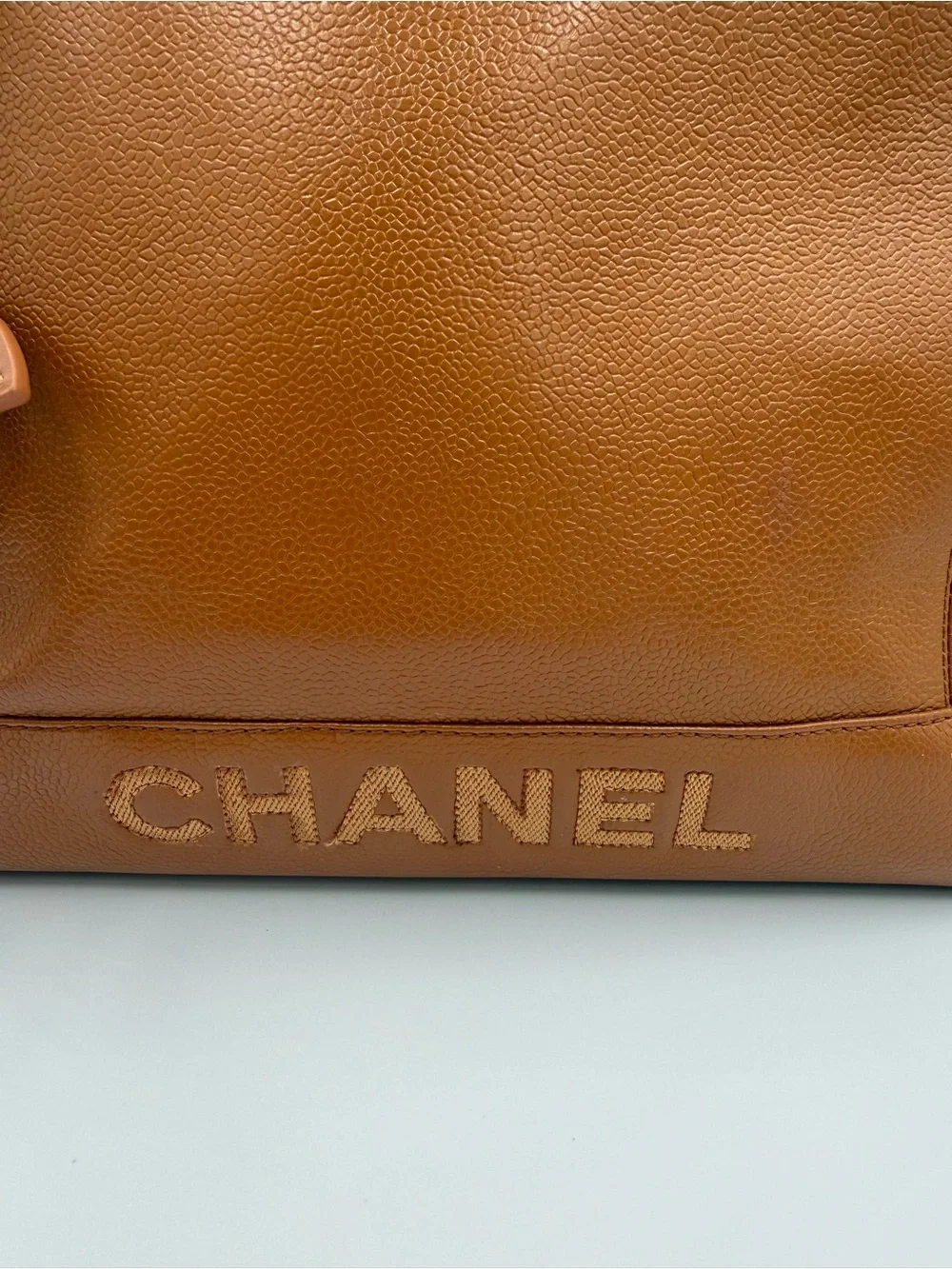 CHANEL Tan/Brown Caviar Leather Tote with CC Charm and Gold Hardware